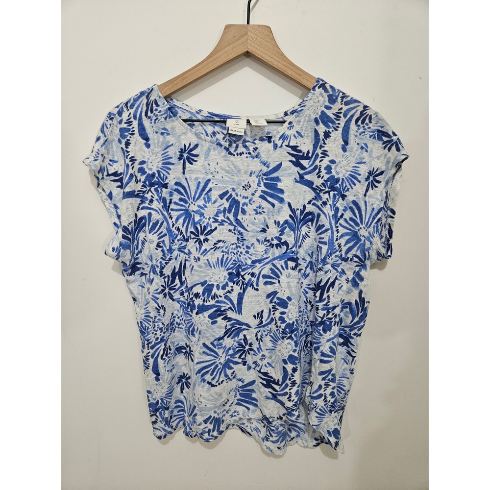 Joie Womens Blue White Floral 100% Linen Short Sleeve Crew Neck Top Size Large